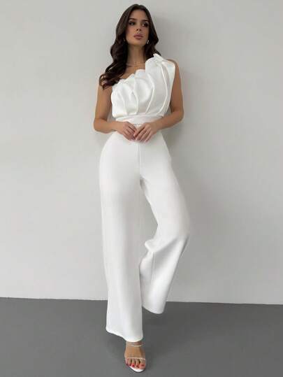 Firerie Valentine's Day New Minimalist Elegant Daily Commute 3D Structure Pleated Design Sleeveless Cinched Waist Slim White Jumpsuit