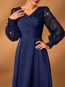 Serin Vestido elegante y lujoso para mujer, de color champagne, con lentejuelas brillantes de satén, mangas farol, cuello cruzado en V, plisado y dobladillo evasé, adecuado para que las madres asistan a bodas, fiestas y eventos de noche