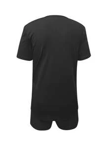 Manfinity Dauomo Men's Solid Zipper Henley Neck Short Sleeve T-Shirt And Drawstring Waist Shorts Set, Casual Outfit - Black - View 2