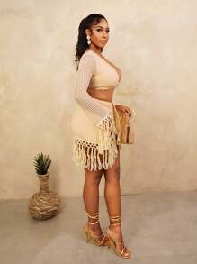 BamGleam Spring And Summer New Fashion Women's Yellow Braided Fabric Short Jacket Fringe Set, Suitable For Beach Vacation Fall Cloth For Women - Yellow - View 5