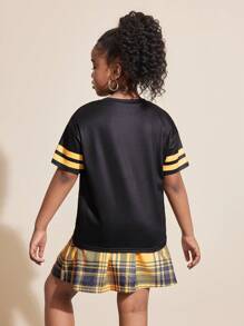 2 件套女童数字蝴蝶结印花短袖黄色图案 T 恤和黄色格子印花裙套装 - 彩色 - 查看 2