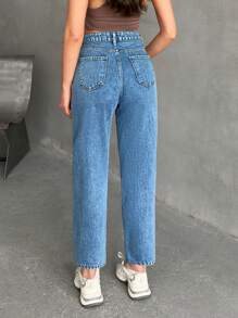 EURMUSE Jeans casual cintura alta com lavagem de neve e ajuste da mãe - Lavagem Média - Ver 2