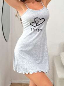 SHEIN Women's Casual Heart And Letter Print Camisole Nightdress - Multicolor - View 6