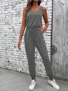 EMERY ROSE Women's Solid Color Jumpsuit With Adjustable Straps And Ankles, Simple And Stylish For Summer - Grey - View 5