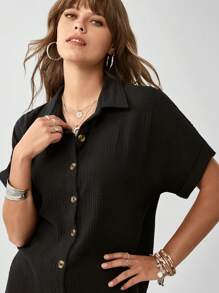 SHEIN LUNE Button-Front Short-Sleeved Shirt With Textured Fabric - Black - View 4