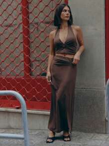 SHEIN Unity Cut Out Tie Backless Sexy Halter Top. Spring Tops - Brown - View 1