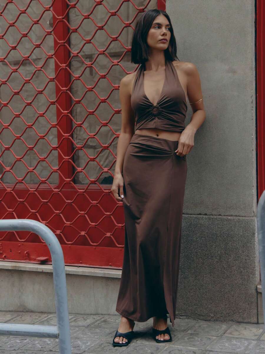 SHEIN Unity Cut Out Tie Backless Sexy Halter Top. Spring Tops - Brown - View 1