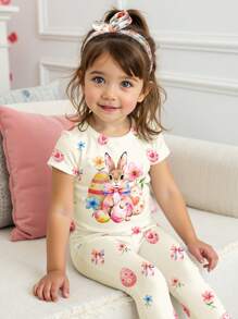 SHEIN Leap Crew 2pcs Young Girl Casual Cute Rabbit & Floral Print Short Sleeve T-Shirt And Skinny Pants Loungewear Set, Suitable For Spring/Summer - Multicolor - View 1