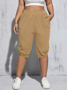 SHEIN Essnce Women's Plus Size Black Capri Pants With Bottom Buttons, Spring/Summer - Khaki - View 6