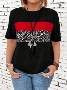 EMERY ROSE Plus Size Women's Leopard Print Splice Short Sleeve T-Shirt Graphic Cheetah Print Tees Women Tops - Multicolor - View 5