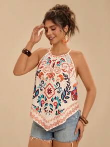 Travachic 大码波西米亚风休闲度假海滩细肩带系带挂脖印花吊带背心女式上衣 - 彩色 - 查看 5