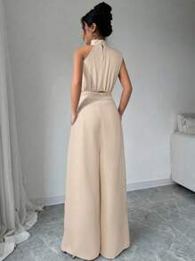 Firerie 2 件套女士米色优雅通勤翻领上衣和阔腿裤套装，轻盈舒适裤子套装，不对称无袖上衣套装，适合春季、夏季、秋季、通勤/优雅/度假/简约/休闲/教师节装扮 - 杏色 - 查看 2