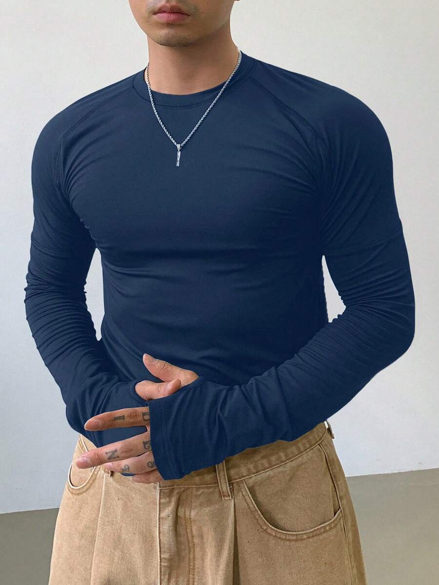 DAZY 男士纯色圆领长袖休闲修身T恤，秋季商务着装 - 藏蓝色 - 查看 1