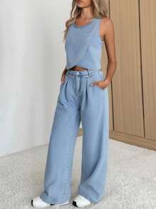 TEEN GIRL CASUAL MUSIC FESTIVAL SPRING SUMMER HOLIDAY MUST HAVE DENIM WRAP TOP AND FLOWY PLEATED WIDE LEG JEANS DENIM Two Pieces SET, Sleeveless Round Neck Top. Front Crossover Detail. Back Zip Closur. - Light Wash - View 1