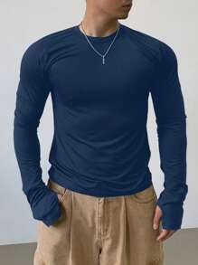 DAZY 男士纯色圆领长袖休闲修身T恤，秋季商务着装 - 藏蓝色 - 查看 6