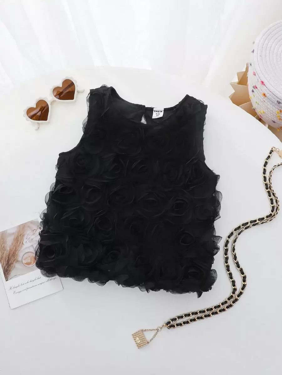 SHEIN Áo ba lỗ không tay kiểu Pháp cho bé gái có họa tiết hoa hồng 3D - màu đen - Xem 1