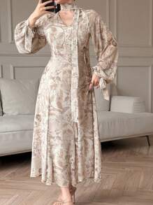 DAZY Women Ditsy Floral V-Neck Cinched Waist Up Chiffon Midi Dress,Fall Dress Long Sleeve Dress Vacation Outfits Women Boho - Green - View 4