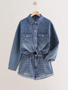 TENN GIRL VINTAGE BOHO MUSIC FESTIVAL Y2K CLASSIC Jean Shirt And Shorts Denim Two Pieces Set, Shirt With Button Front Closure And Ripped Details, Shorts With Elastic Waist And Flat Pockets. - Light Wash - View 1