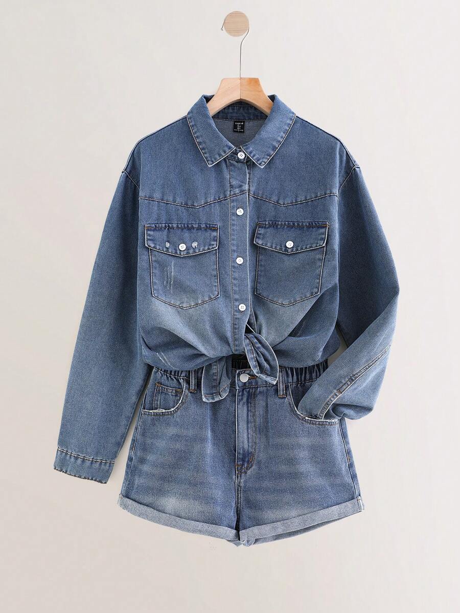 TENN GIRL VINTAGE BOHO MUSIC FESTIVAL Y2K CLASSIC Jean Shirt And Shorts Denim Two Pieces Set, Shirt With Button Front Closure And Ripped Details, Shorts With Elastic Waist And Flat Pockets. - Light Wash - View 1