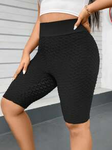 SHEIN Essnce 大码女式春夏时尚休闲运动舒适高弹力纹理面料日常修身黑色机车短裤紧身裤、女式下装、街头服饰、女士夏季服装、夏季短裤、慢跑裤、曲线裤