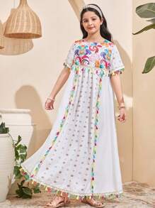 SHEIN Tween Girl Casual Holiday Loose A-Line Colorful Floral Retro Print Long Tassel Decorated Short Sleeve Woven Retro Printed Dress - Beige - View 6