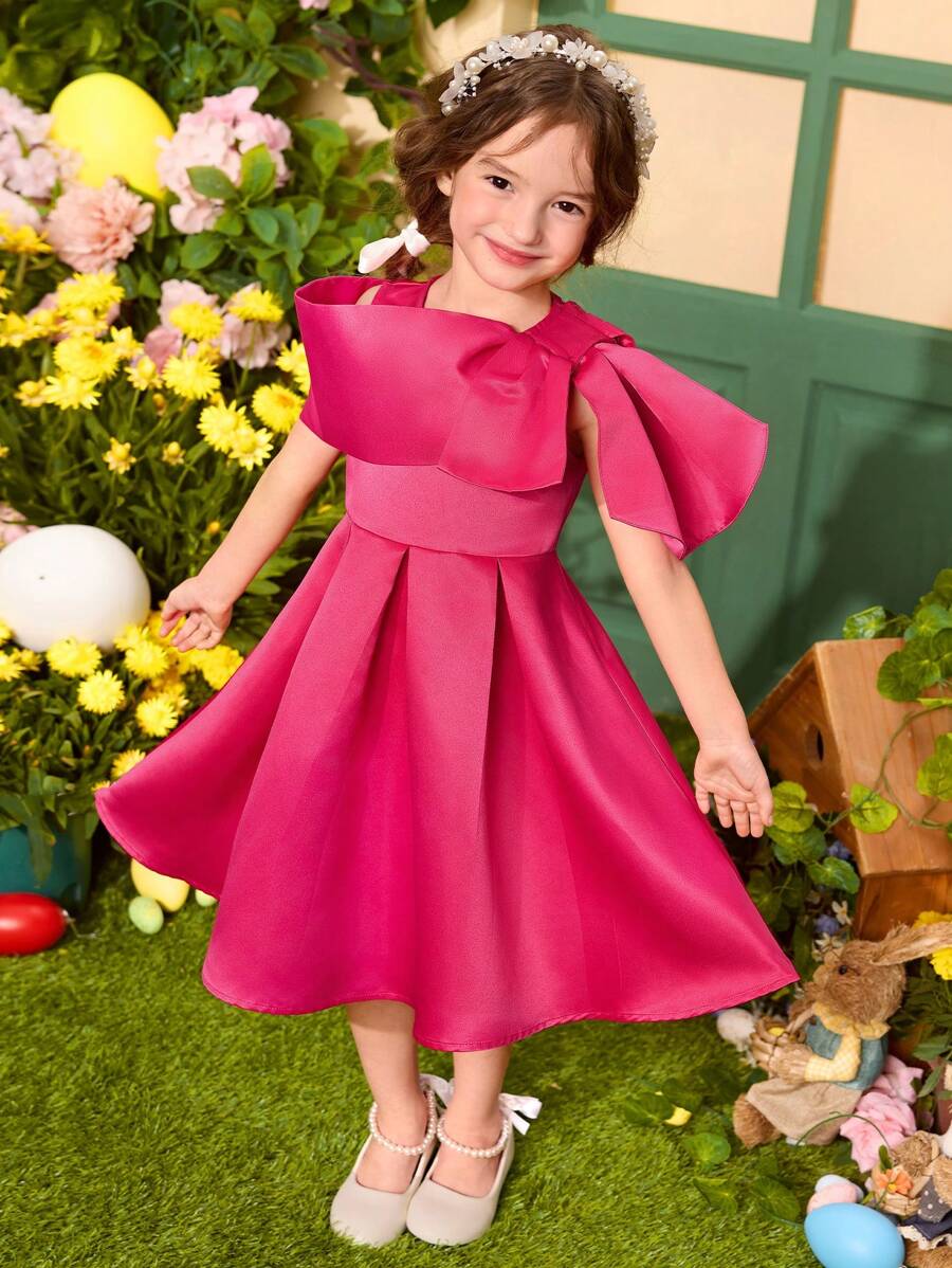 SHEIN Young Girl's Solid Color Tailored Chiffon Dress - Hot Pink - View 1