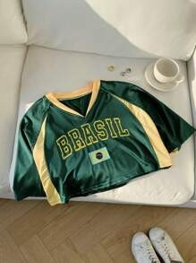 SHEIN Comfortcana Women's Summer Short Sleeve V-Neck Color Block Letter Printed Casual Crop Top With Raglan Sleeve Jersey