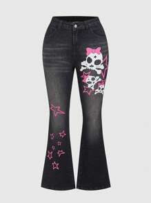 ROMWE Kawaii Plus Size Women's Retro Y2K Subculture Shibuya Gyaru Skeleton & Star Print Denim Jeans