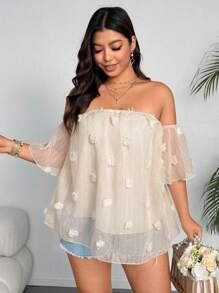 Flirla Camisa informal de gasa blanca con hombros descubiertos y decorado con pompones, adecuada para uso diario en primavera/verano, tallas grandes - Blanco - Ver 5