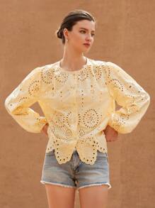 Aveloria Rosie Embroidered Trim Round Neck Long Sleeve Blouse For Women Boho Vacation Fashionable Style For Spring Fall - Champagne - View 6