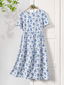 Rusticease Women Floral Allover Print Round Neck Short Sleeve Casual Dress