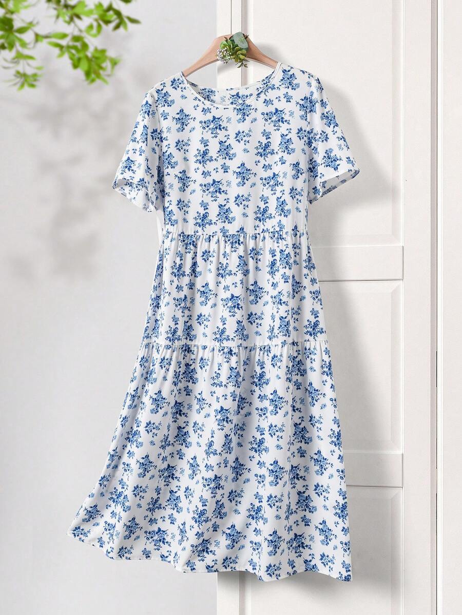 Rusticease Women Floral Allover Print Round Neck Short Sleeve Casual Dress