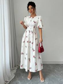 Modelyn A-Line Waist Cinching Floral Print Short Sleeve Dress, Spring/Summer - Red - View 6