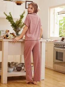 SHEIN Dozemod 少女和少女 2 件套休闲领扣口袋短袖上衣和罗纹针织裤睡衣套装