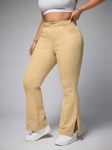 SHEIN EZwear Plus Size Casual Solid Color Flared Split Hem Bootcut Jeans - Khaki - View 3