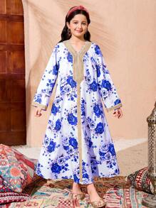 Tween Girl Abaya Kaftan Jalabiya 束腰外衣，朴素连衣裙，金色丝带领口，花卉复古印花，宽松度假传统长裙 - 藍色 - 查看 4