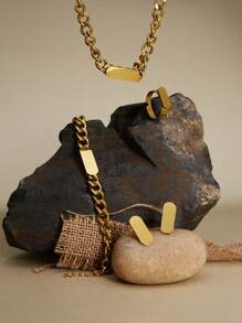 1set Stainless Steel 18K Gold Plated Smooth Chain Necklace Bracelet Earrings Ring Jewelry Set For Women Winter Gifts - Rectangle - View 2