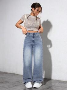 Casual Washed High Waist Straight Leg Jeans - Medium Wash - View 7