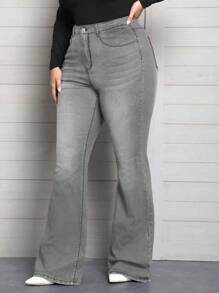 SHEIN Privé Plus Size Women Casual Versatile Denim Flare Jeans With Pockets    Women Summer Outfits Plus Jeans For Women Summer Outfits For Women Festival Outfits Elegant Business Casual Woman - Grey - View 5