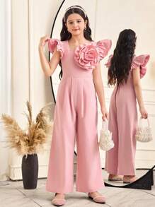 SHEIN Leap Crew Tween Girls Woven Solid Color 3D Flowers Decorated Square Neck Ruffled Elegant Pink Jumpsuit, Light Pink, Suitable For Spring Outings, Pastoral Style, Garden Afternoon Tea, Casual Outings,Valentine Day Tween Girl,Flower Girl - Pink - View 2