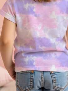 2025 New Summer Young Girls Colorful Tie-Dye Reflective Cute Rabbit Graphic Print Round Neck Short Sleeve T-Shirt