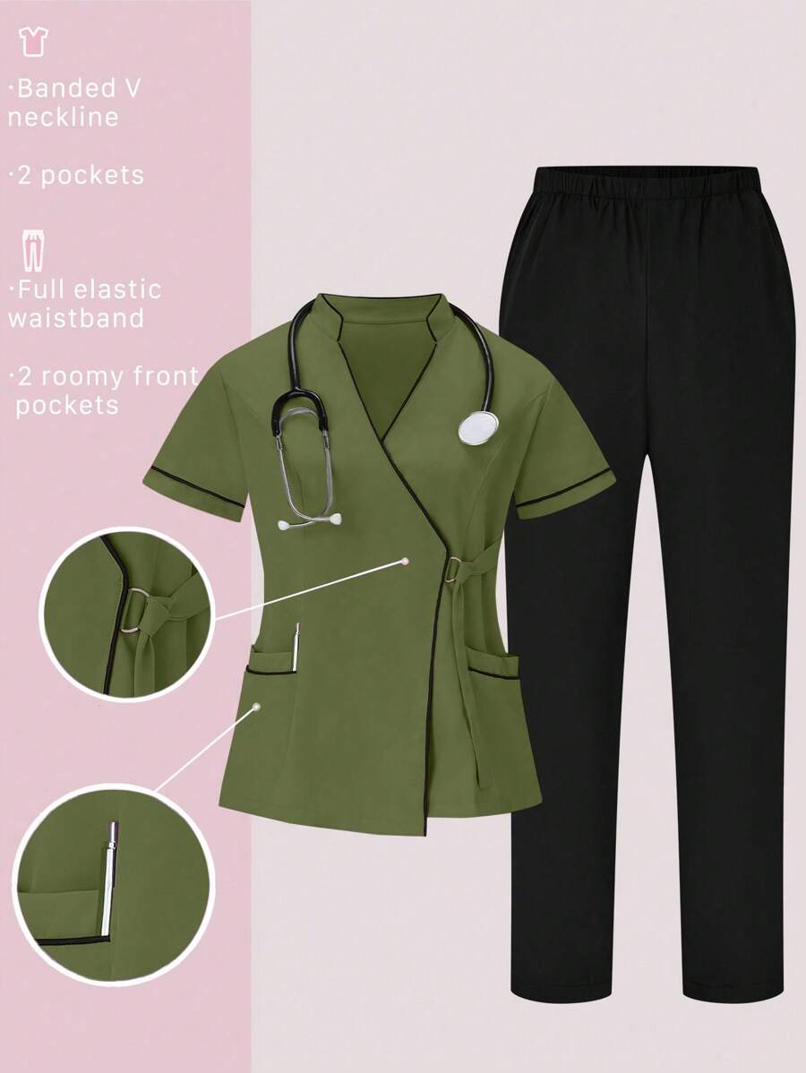 TaskEZ 2pcs Contrast Trim Casual Short Sleeve Top And Solid Color Pants Uniform Set, Scrub Sets - Army Green - View 1