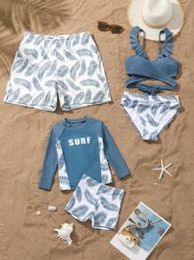 Men's Simple Fashion Refreshing Leaf Print Beach Shorts, Blue, Random Print,Hawaiian - Blue - View 1