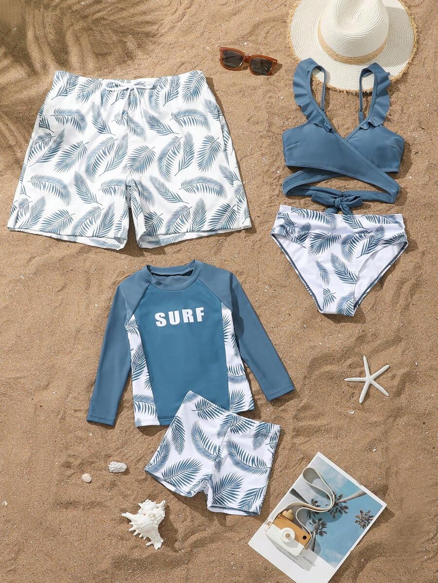 Men's Simple Fashion Refreshing Leaf Print Beach Shorts, Blue, Random Print,Hawaiian - Blue - View 1