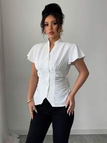 Selianne Elegant Romantic Vacation Women's Blouse With Stand Collar, Ruffle Sleeves, Ribbon Bowknot - White - View 6