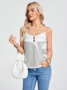 SHEIN LUNE Western Wear Women Country Concert Women's Spaghetti Strap Lace Splice Camisole Top, Ice Blue - Beige - View 2