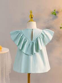 SHEIN 年轻女孩宽松衬衫，带 3D 花朵装饰、圆领和荷叶边 - 薄荷綠 - 查看 7