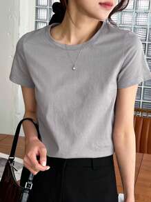 DAZY 纯色圆领T恤，商务休闲女式学院风上衣 - 淺灰色 - 查看 3