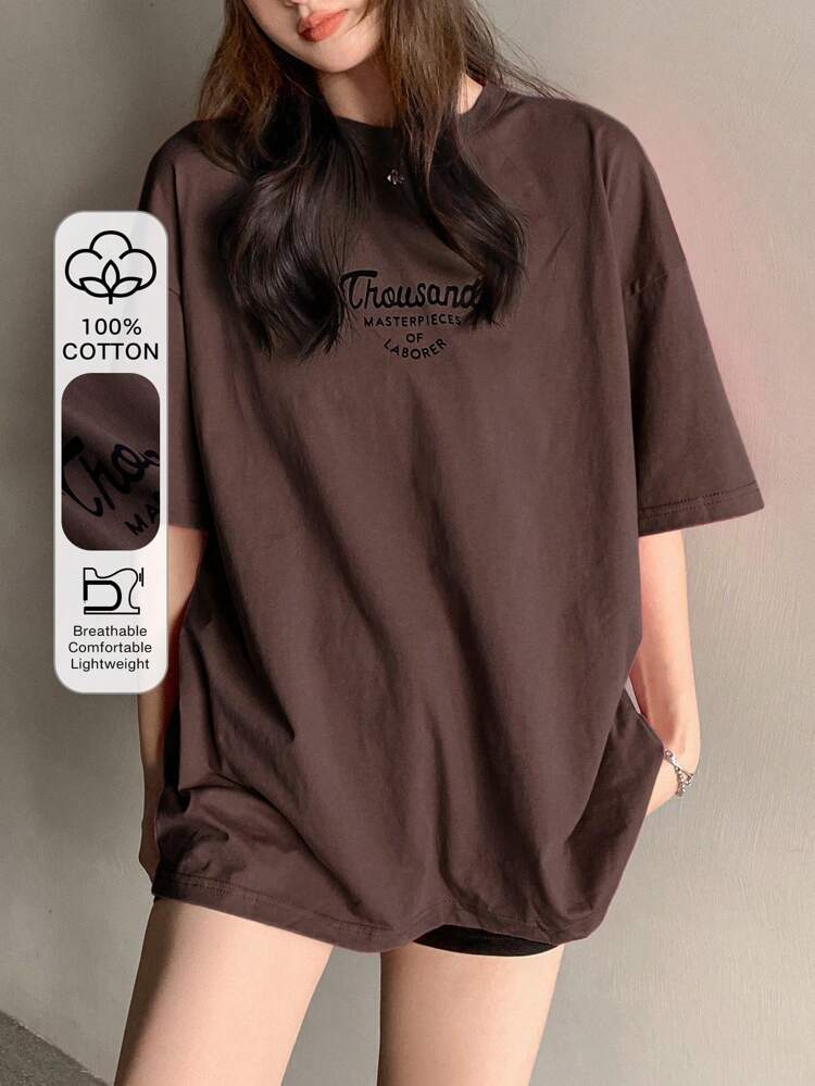 Slogan Graphic Drop Shoulder Oversize Tee Summer Preppy Tops