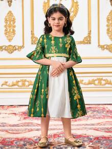 DRMZ Young Girl Chiffon Floral Splice Round Neck Snug Fit Dress - Green - View 3